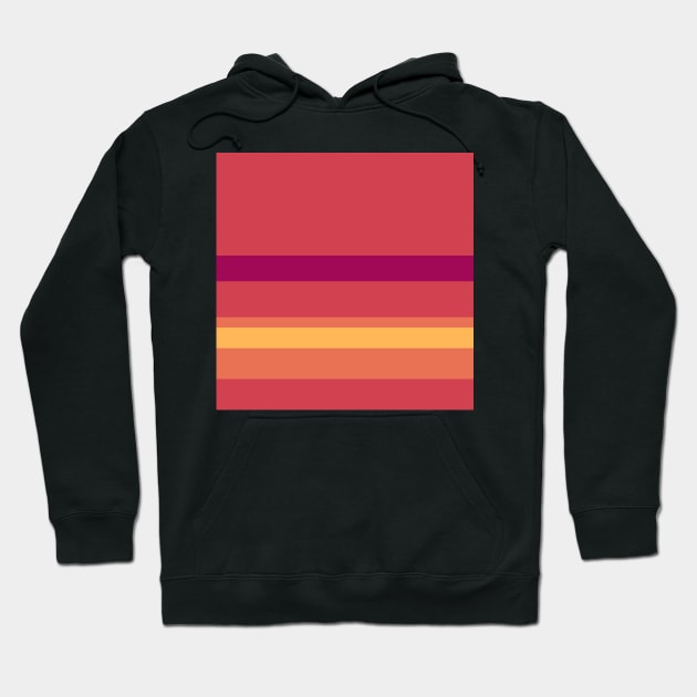 A world-class commixture of Almost Black, Jazzberry Jam, Brick Red, Light Red Ochre and Pastel Orange stripes. Hoodie by Sociable Stripes
